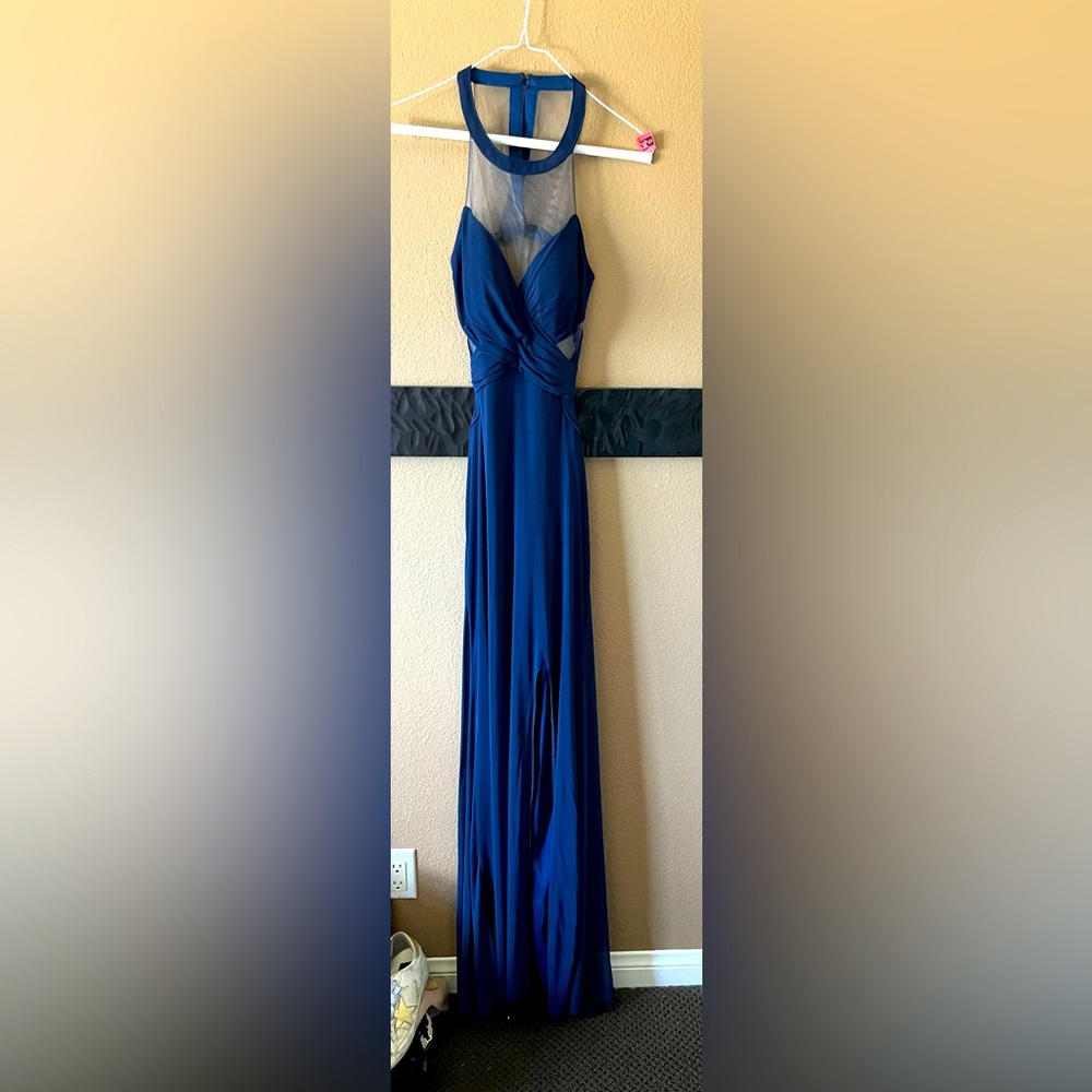 LA FEMME NAVY BLUE HALTER SHEER PROM DRESS STYLE # 21144